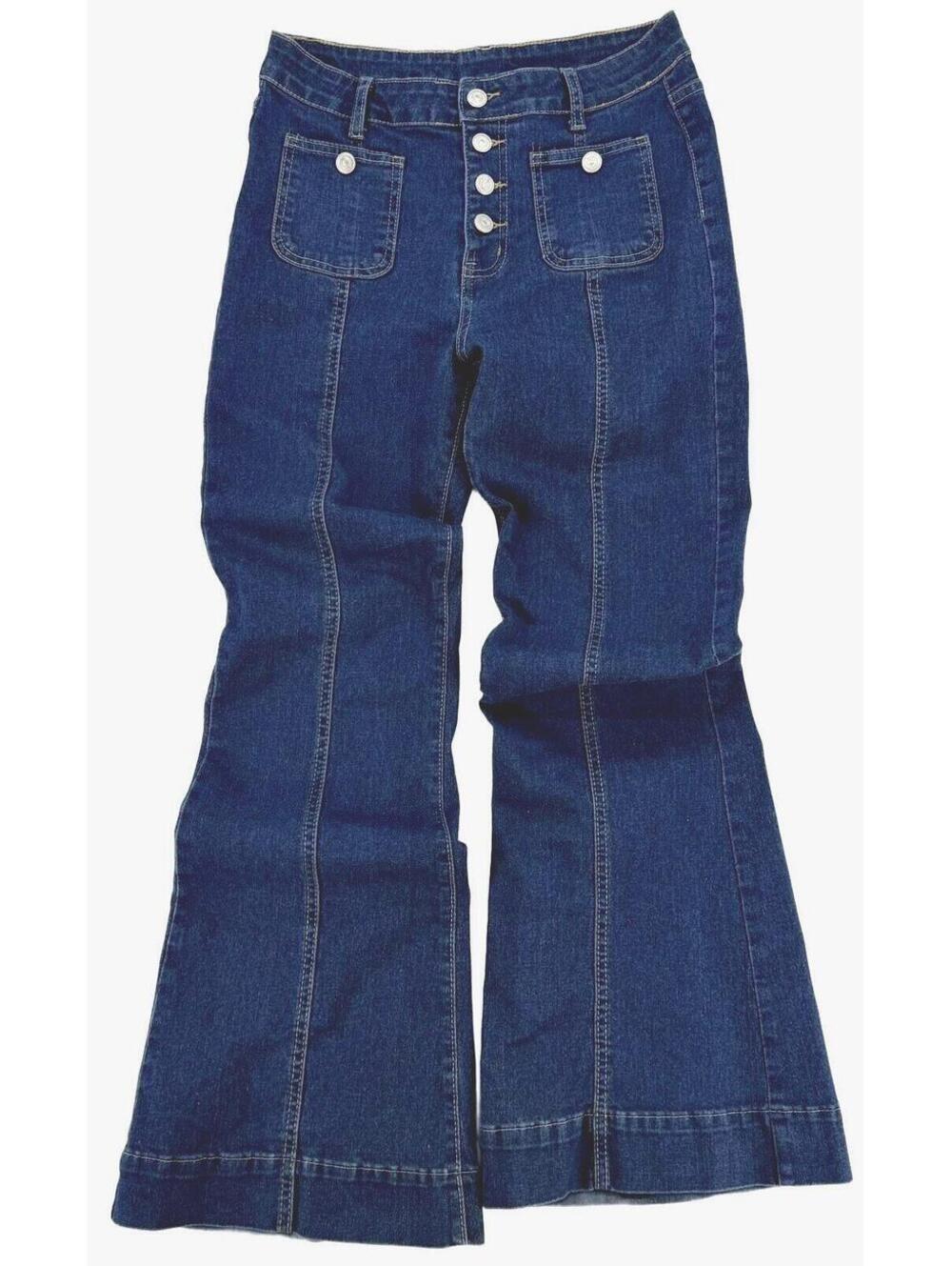 70s Vintage Style Denim Flared Jeans Large Blue Button Front Retro